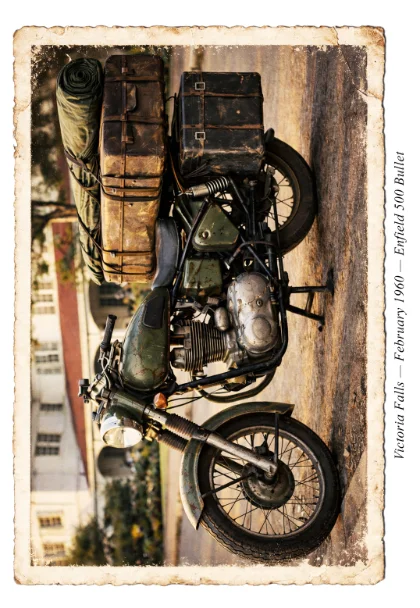 Enfield Bullet 500 motorcycle at Victoria Falls in 1960
