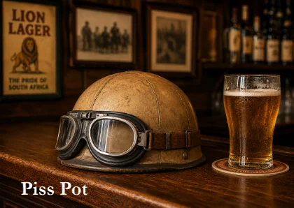 Motorcycle helmet and goggles next to a pint