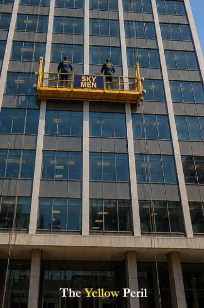 Yellow Peril - menn working on the front of a building at height